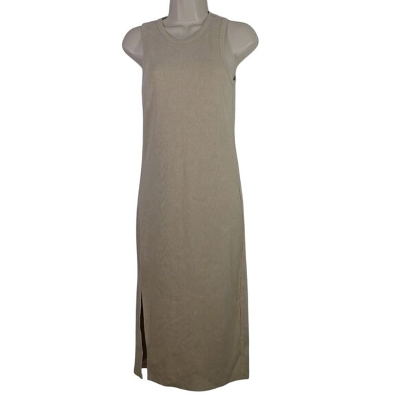 Pink Rose Sleeveless Ribbed Beige Midi Tank Dress Women Size M With Side Slit - Picture 1 of 10